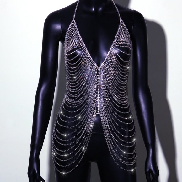 Bodies Tassel Rhinestone Harness Body Chain Skirt Crystal Bikini Dress Lingerie - Picture 6 of 7